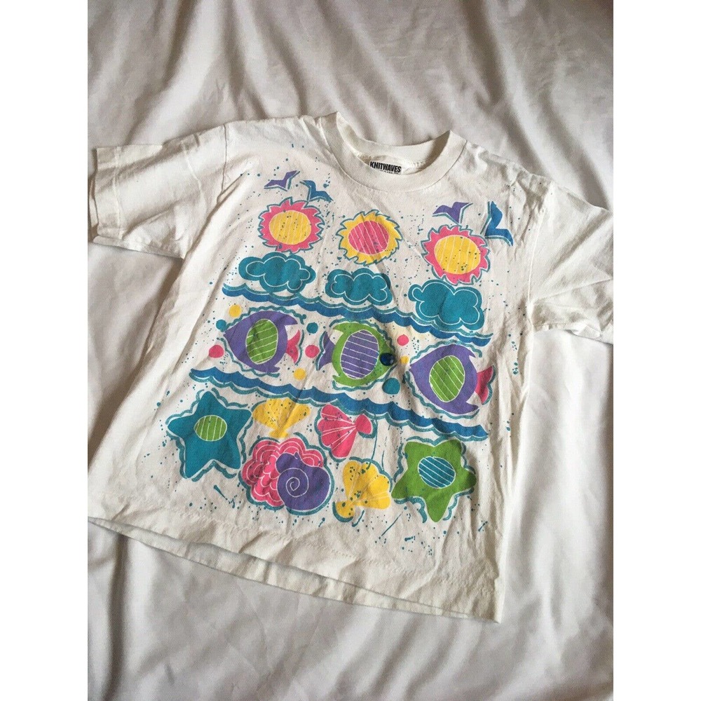 Vintage Knitwaves Flower Girl’s Top 1980’s Retro Surfer Beach Tee Shirt Fish M